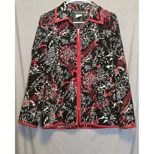 Herve Bernard Womens Jacket Size 8 Red Black Floral Zip Front Stretch...